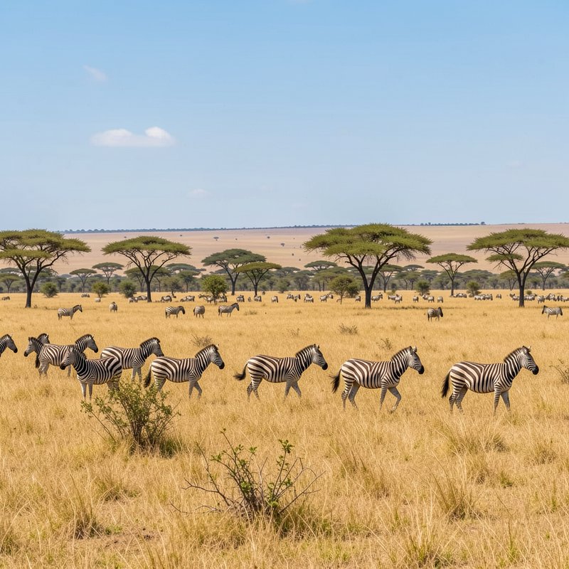 Herd of zebras walking across a sunlit savannah with scattered acacia trees.