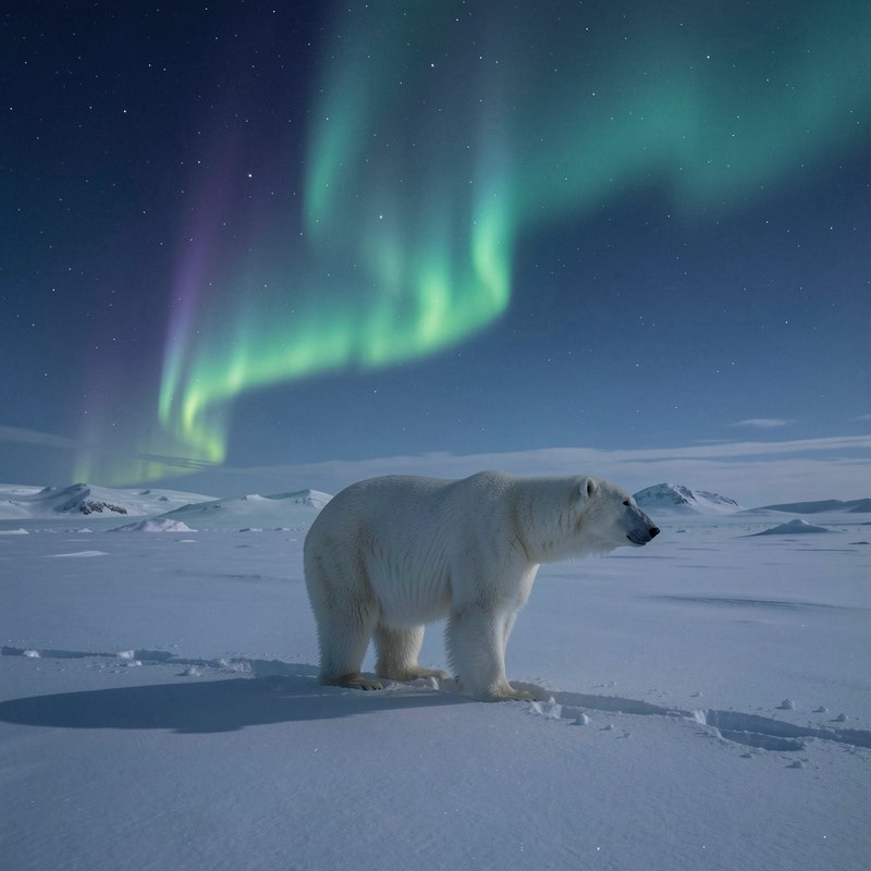 Polar bear standing on snowy Arctic plain beneath vibrant northern lights.