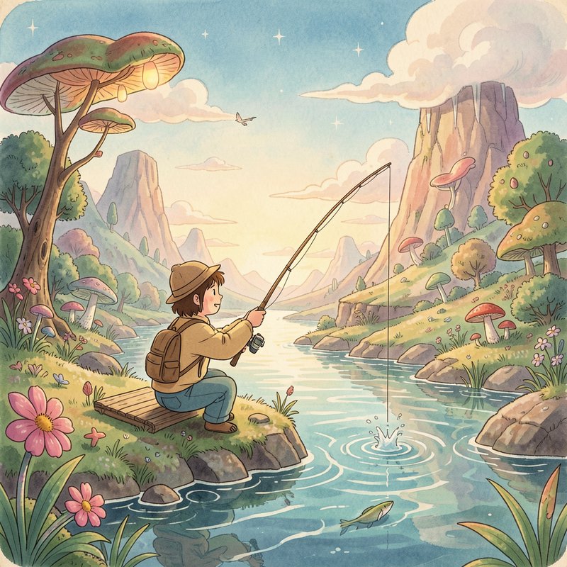 Child fishing on a wooden dock by a tranquil river in a colorful fantasy landscape.