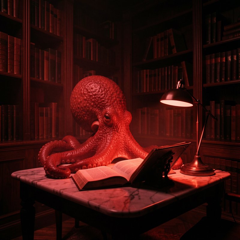 Red octopus sits at a marble desk reading open books in a dim vintage library lit by a warm desk ...