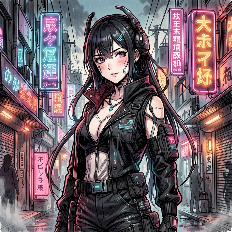 Cyberpunk anime girl with a futuristic comms headset stands in a rainy neon-lit downtown Tokyo alley
