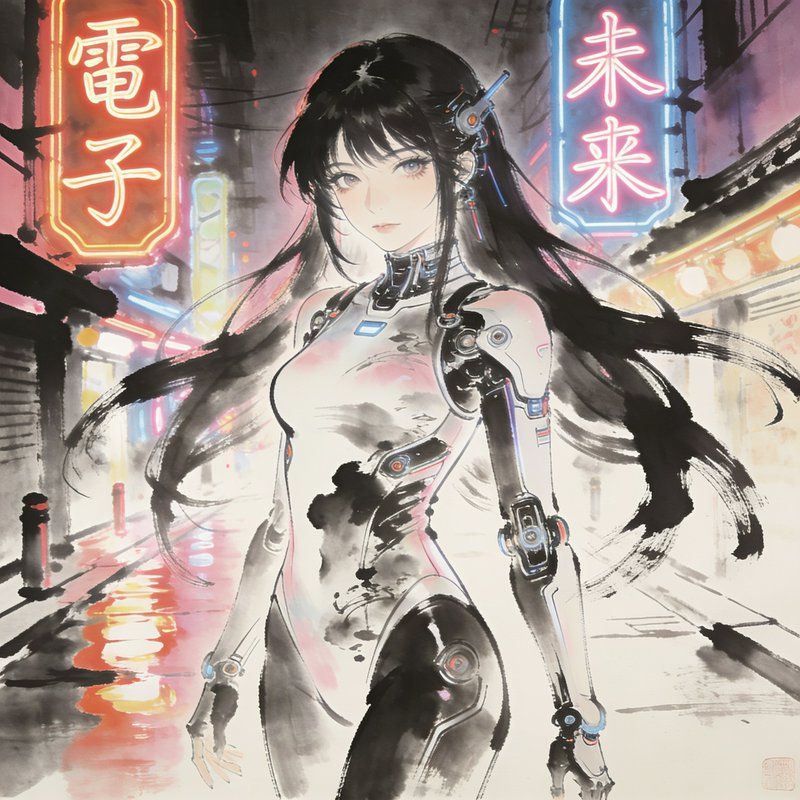 Sumi-e ink wash style anime cyborg girl standing in neon-lit rain-soaked cyberpunk city alley