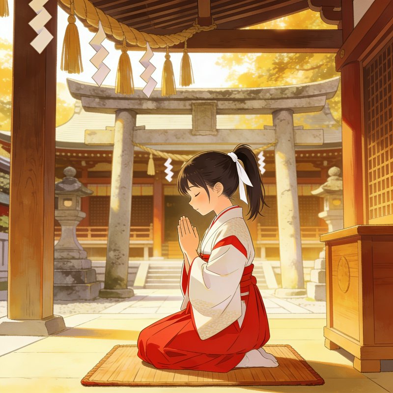 Anime style young miko kneels in quiet prayer at a sunlit traditional Japanese Shinto shrine, war...
