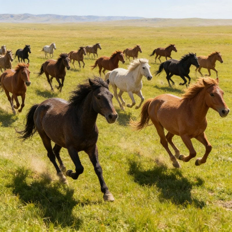 [Herd of wild horses galloping across sunlit grassy steppe, with distant rolling hills visible on the horizon]