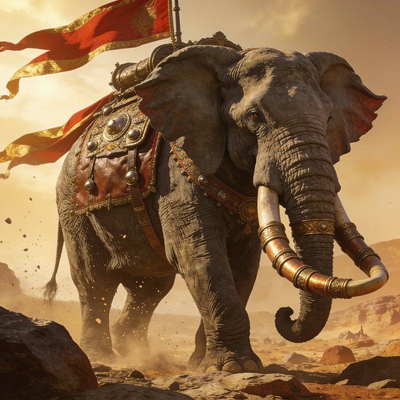 Ornately armored war elephant with red gold battle flags strides across a sunlit rocky desert bat...
