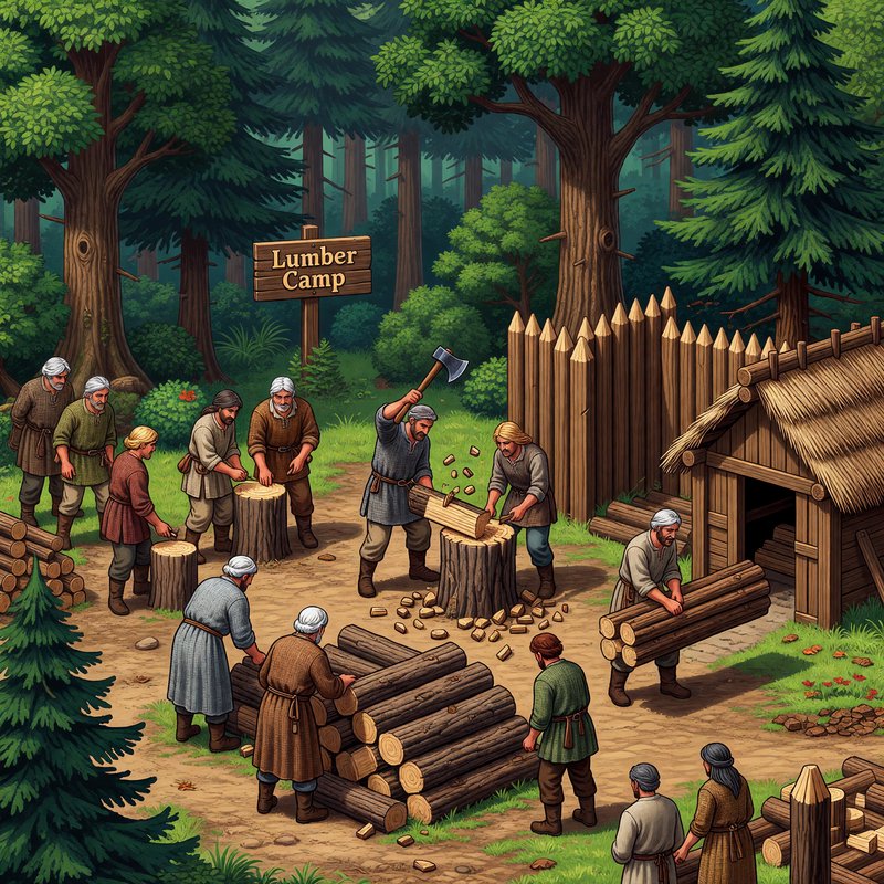 Isometric pixel art of medieval villagers chopping and stacking timber at a marked forest lumber ...