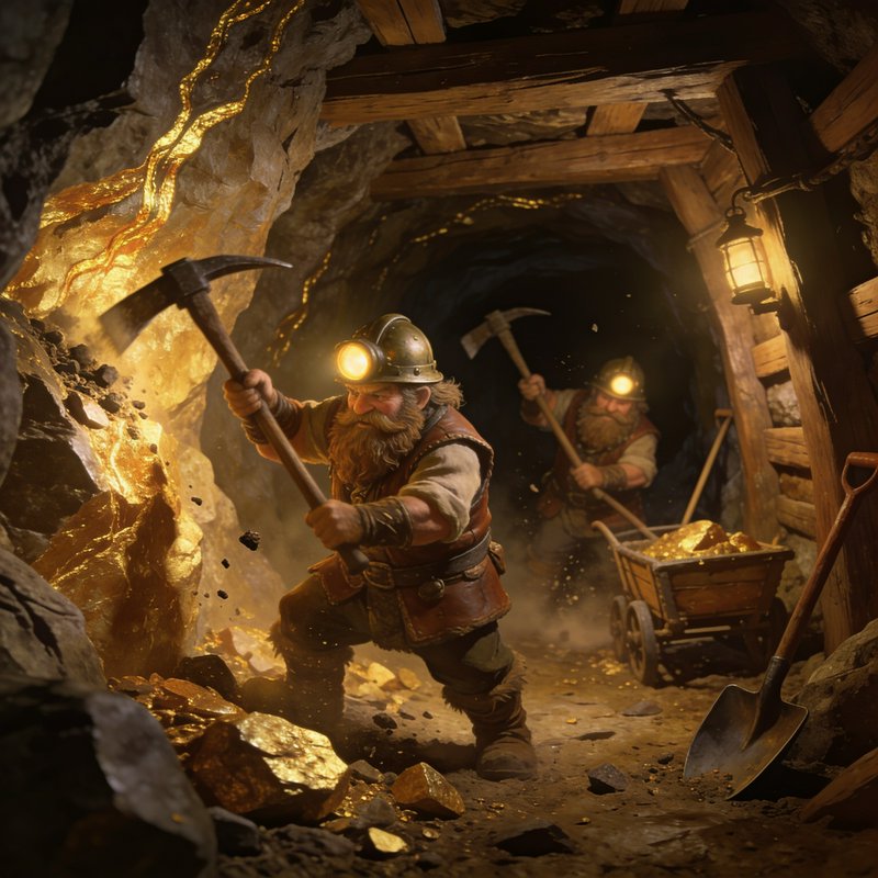 Two bearded dwarf miners with headlamps swing pickaxes to mine glowing gold ore inside a wood-sho...