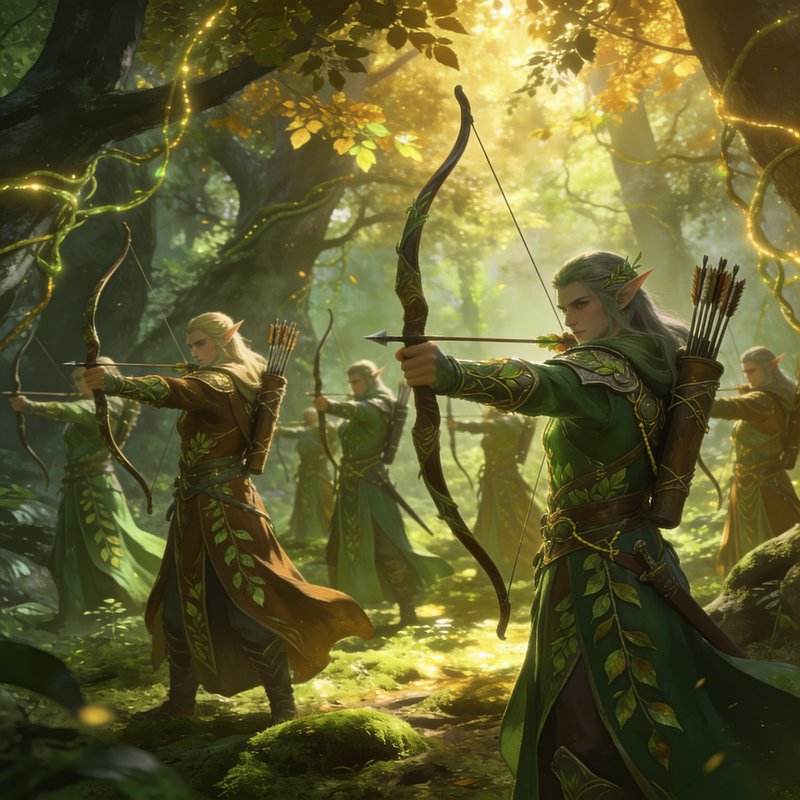 Formation of wood elf archers draw enchanted bows in unison in a sunlit magical ancient forest