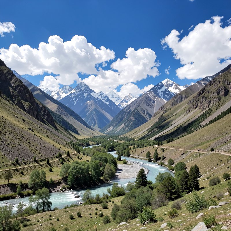 Turquoise glacial river winds through alpine valley, snow-capped mountain peaks rise under bright...