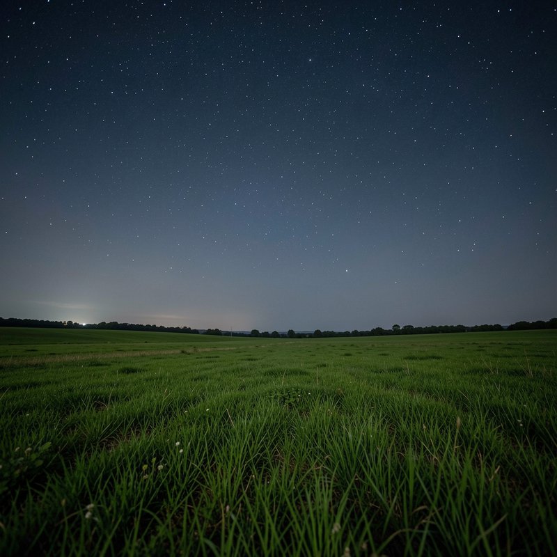 Low-angle view of lush green grassy field under a clear star-filled night sky with distant treeli...