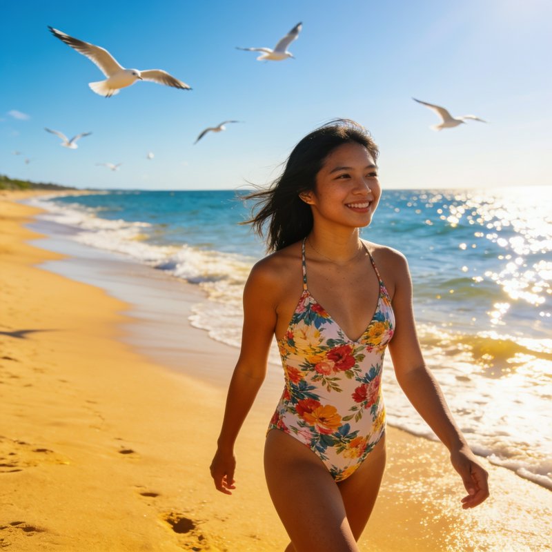 Smiling young woman in a floral swimsuit walks along a sunny golden beach, seagulls flying overhe...