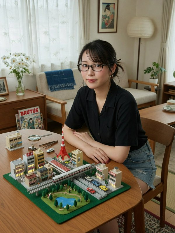 Young woman with glasses sits at a wooden table showcasing a detailed miniature Tokyo city dioram...