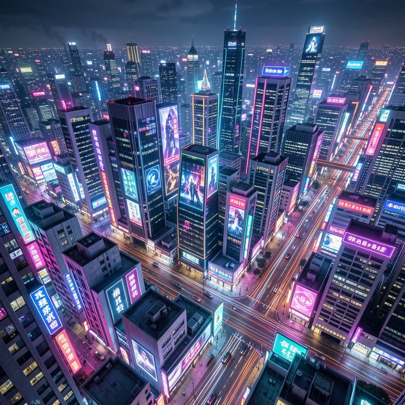 Aerial night view of dense cyberpunk cityscape with neon skyscrapers, glowing billboards, and str...