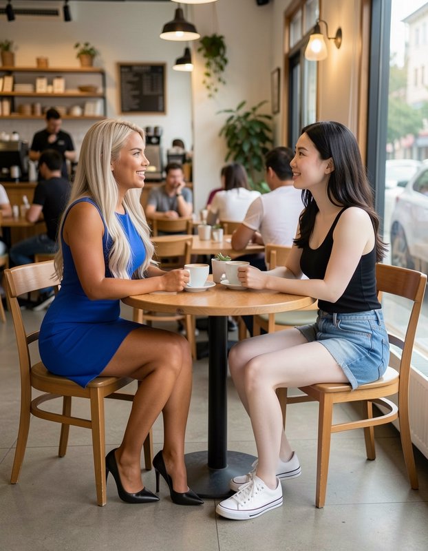 Two smiling women chat over coffee at a small round table in a bright, cozy modern neighborhood coffee shop.