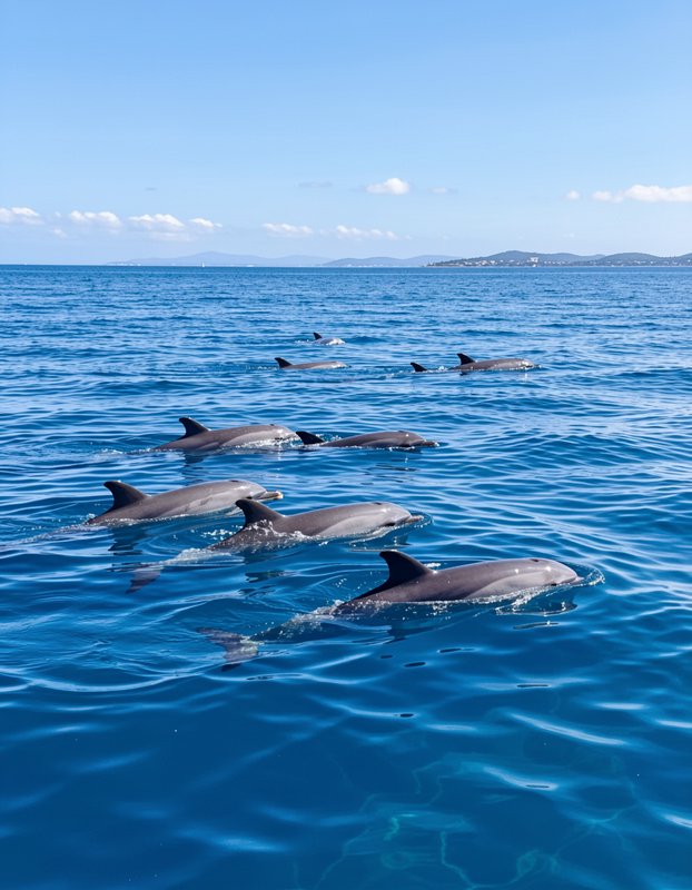 Pod of bottlenose dolphins swimming in formation at the surface of bright blue open ocean under a...