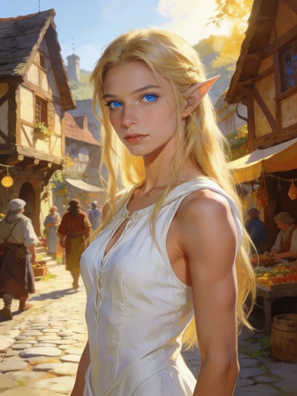 Blonde high elf with bright blue eyes stands on a sunlit cobblestone medieval fantasy village mar...