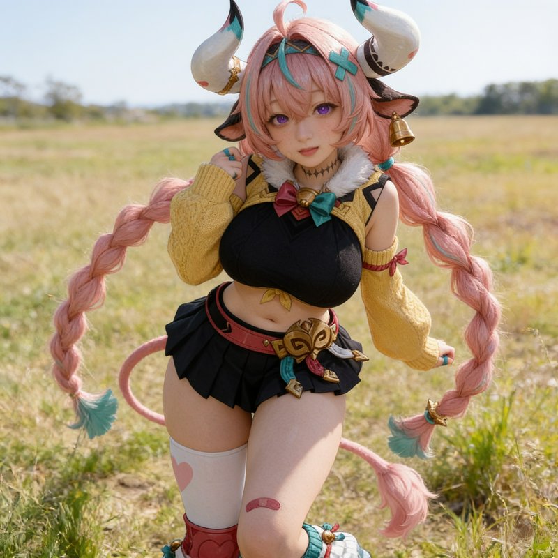 Realistic Iansan Genshin Impact cosplayer with pink braids and cow horns poses in a sunny grassy ...