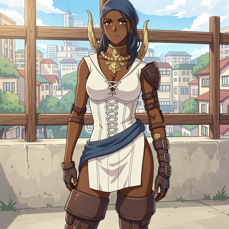 Anime dark-skinned fantasy warrior woman with blue hair and gold jewelry stands on a sunny city rooftop.