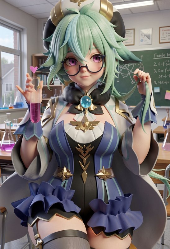 3D rendered Genshin Impact character Sucrose holding a purple test tube in a sunlit chemistry cla...