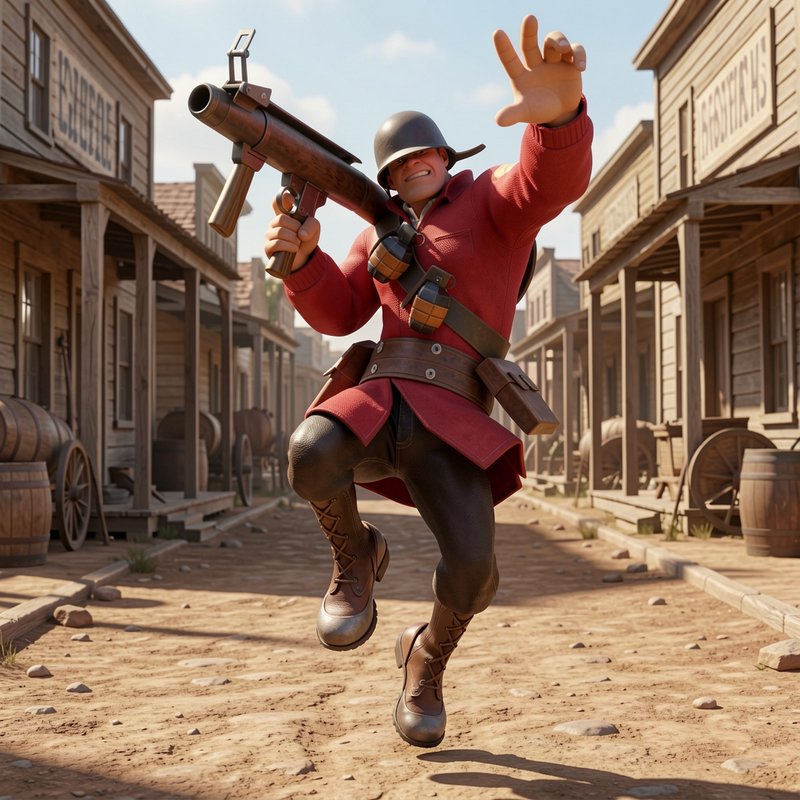 3D render of TF2 Soldier jumping playfully with a rocket launcher on a sunlit wild west town dirt...