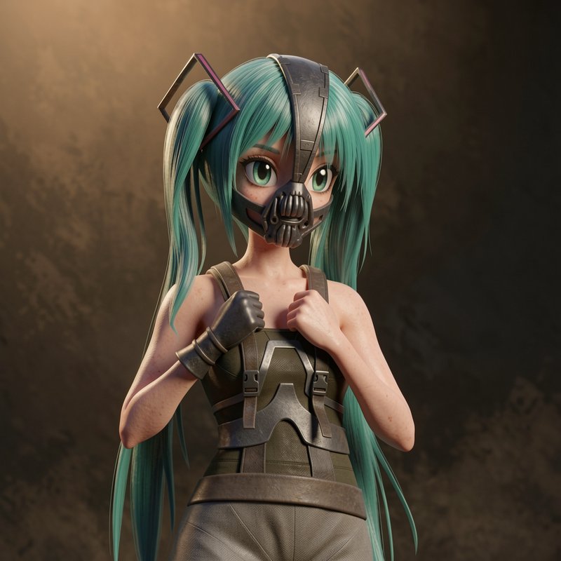 3D render of Hatsune Miku in a Bane-inspired tactical outfit, wearing a metal respirator mask and...