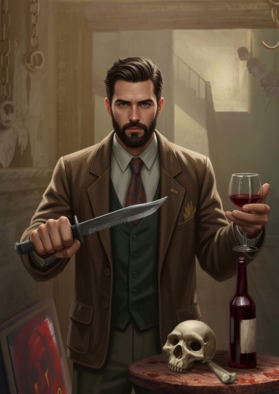 Stern bearded vintage detective holds a hunting knife and red wine glass, standing over a bloodst...