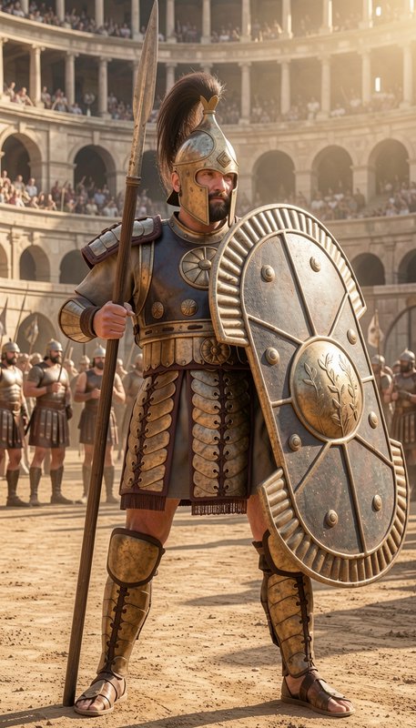 Armored ancient Roman gladiator holds spear and ornate shield standing in a sunlit stone coliseum...