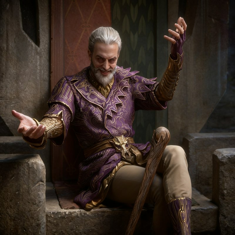 Mischievous elderly silver-haired fantasy wizard in ornate purple and gold robes gestures while s...