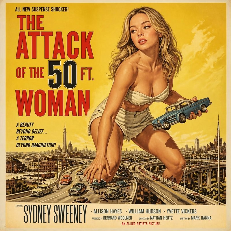 Reimagined vintage sci-fi movie poster of giant 50ft tall Sydney Sweeney crouched over a 1950s ci...