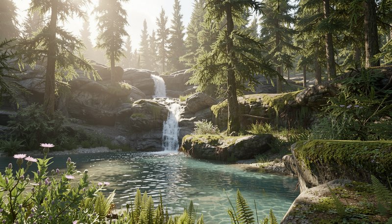 Sunlit tiered forest waterfall flows into a clear turquoise pool surrounded by pine trees, mossy ...