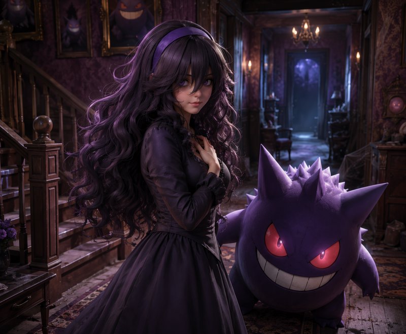 Gothic anime girl with long purple hair stands beside Gengar inside a dim haunted vintage mansion...