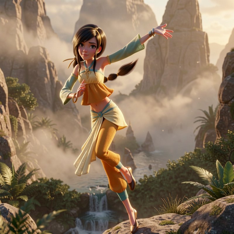 [3D animated young female adventurer strikes a playful balanced pose on a cliff above a misty tropical mountain valley at ...
