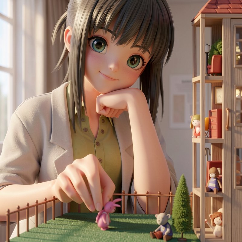 3D anime young woman with large green eyes arranges tiny dollhouse miniatures on a grass diorama in a sunlit room.