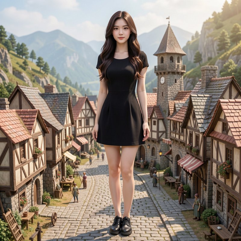 Tall young woman in a short black dress stands on a cobblestone street in a miniature medieval fa...