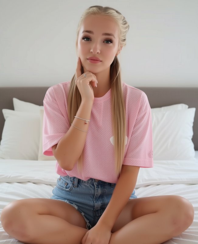 Young blonde woman in a pink oversized t-shirt sits cross-legged on a bright bedroom bed, resting...
