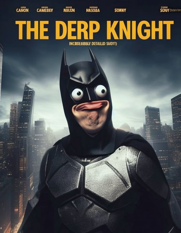 Parody movie poster "The Derp Knight" featuring a goofy silly-faced Batman standing over a dark f...