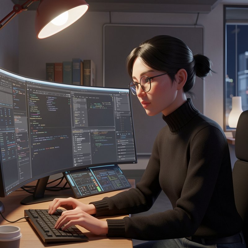 3D rendered female software engineer typing code at a curved monitor in a cozy lit evening home o...