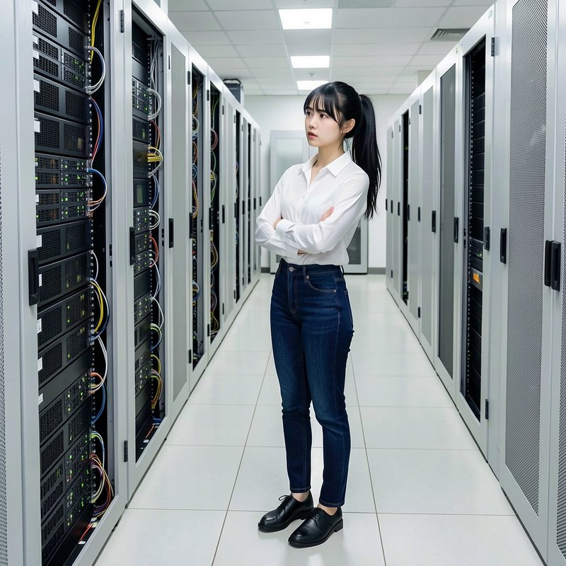 Young female IT technician stands with crossed arms between rows of server racks in a brightly li...
