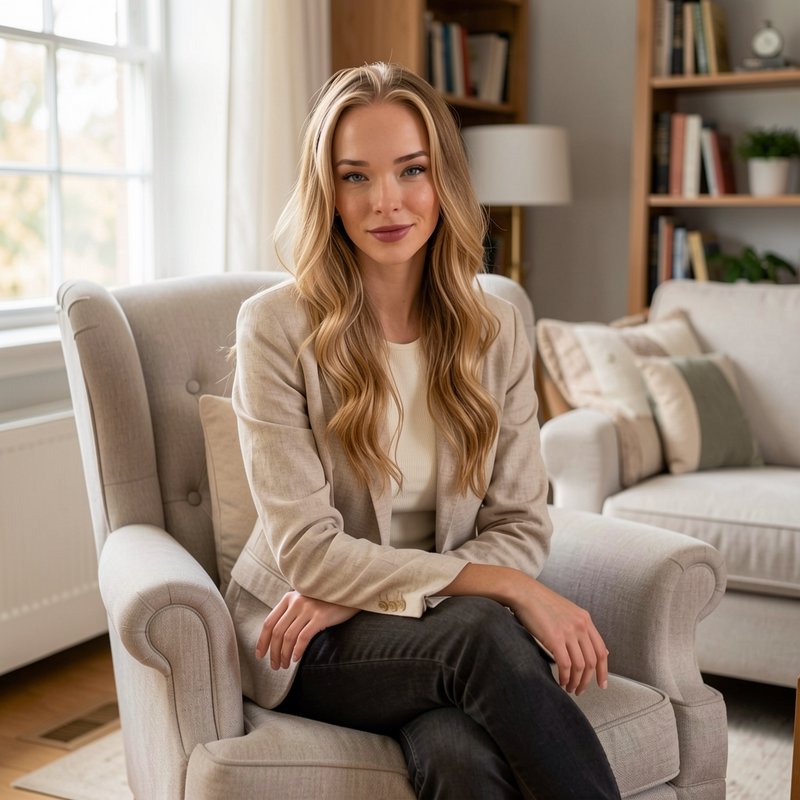 [Approachable young blonde professional woman sits in a tufted beige armchair, smiling at the camera in a sunlit cozy home...