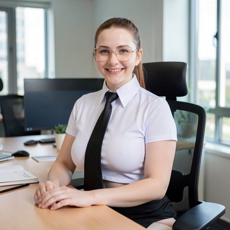 Smiling young professional woman with glasses sits at a sunlit modern office desk, looking direct...