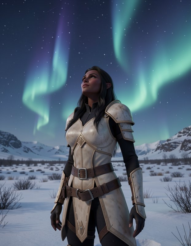 Female elven fantasy warrior in light armor looks up at glowing aurora borealis over a snowy moun...