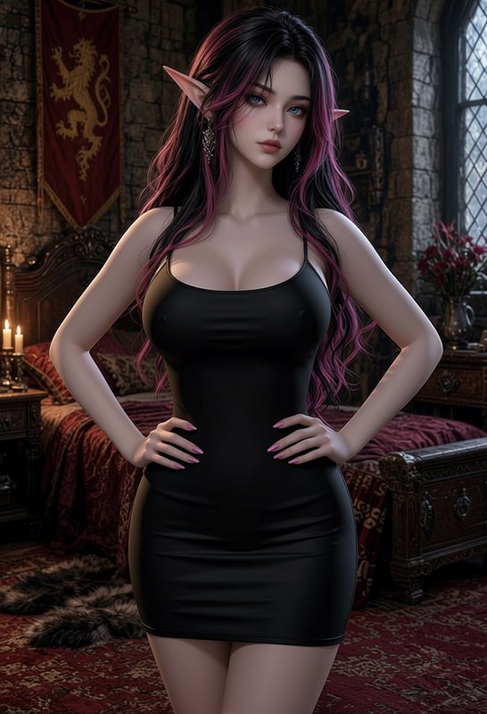 Photorealistic fantasy elf woman with pink-streaked black hair in a black mini dress standing in ...
