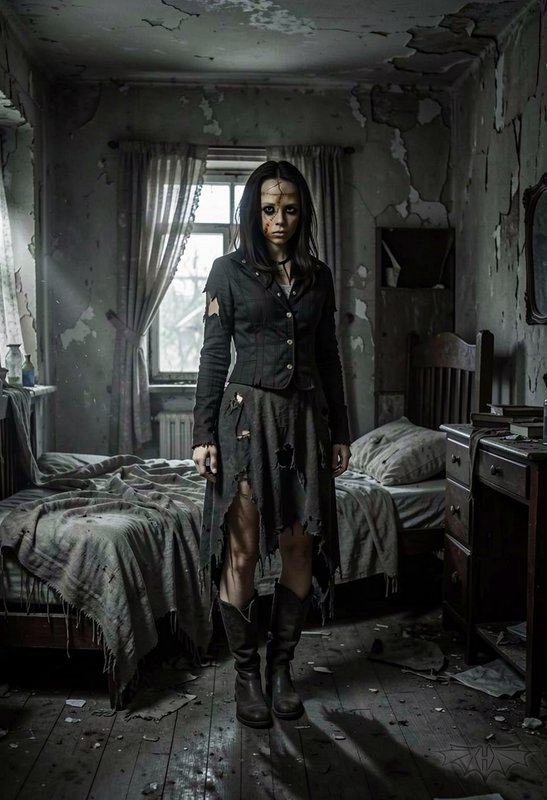 Ghostly woman with sunken dark eyes and tattered clothing stands in a dilapidated, peeling abando...