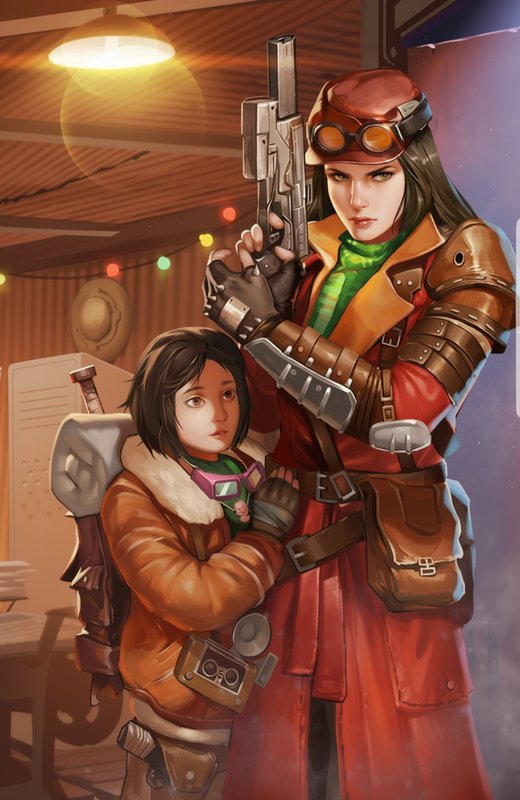 Steampunk female adventurer holds a large pistol, standing protectively beside a young child in a...
