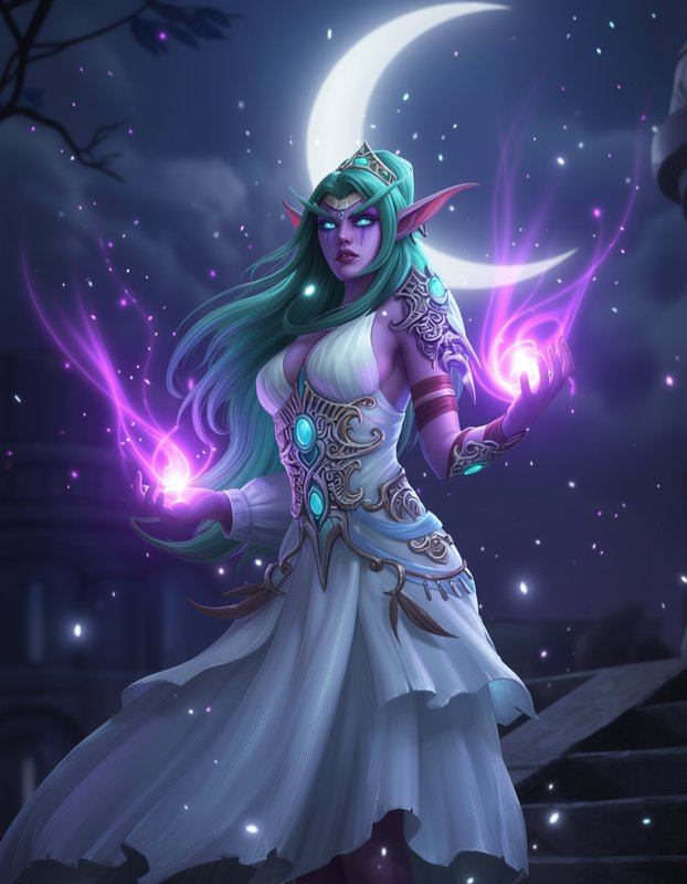 Purple-skinned night elf priestess channels glowing purple magic orbs under a crescent moon starl...