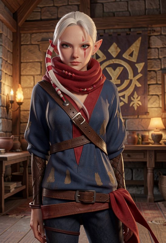 3D rendered stoic female elf adventurer with white hair and red markings, standing in a warm ston...