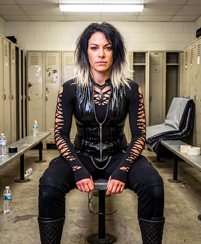 Serious female professional wrestler in edgy black ring attire sits on a stool, looking directly ...