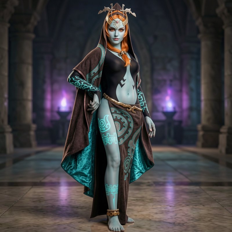 Hyperrealistic fan art of true form Midna from The Legend of Zelda standing in a torch-lit ancien...