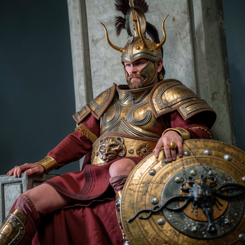 Stoic bearded ancient warrior king in gilded horned armor sits on a stone throne holding an ornat...