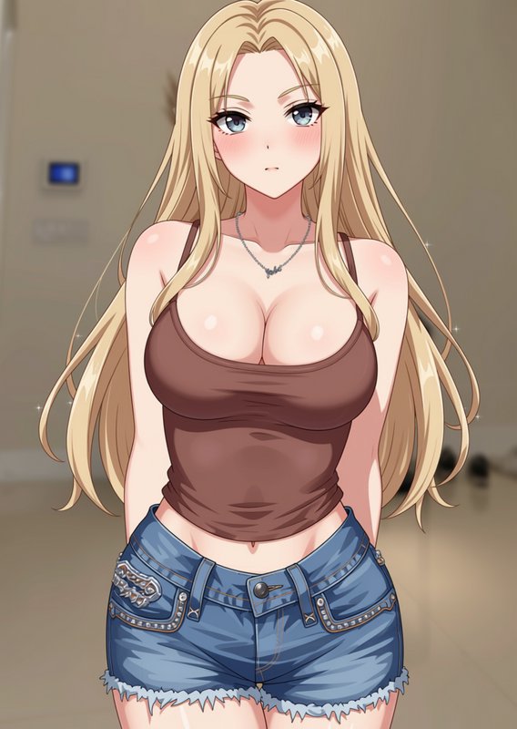 Anime style portrait of a blushing long blonde haired young woman in casual tank top and frayed d...